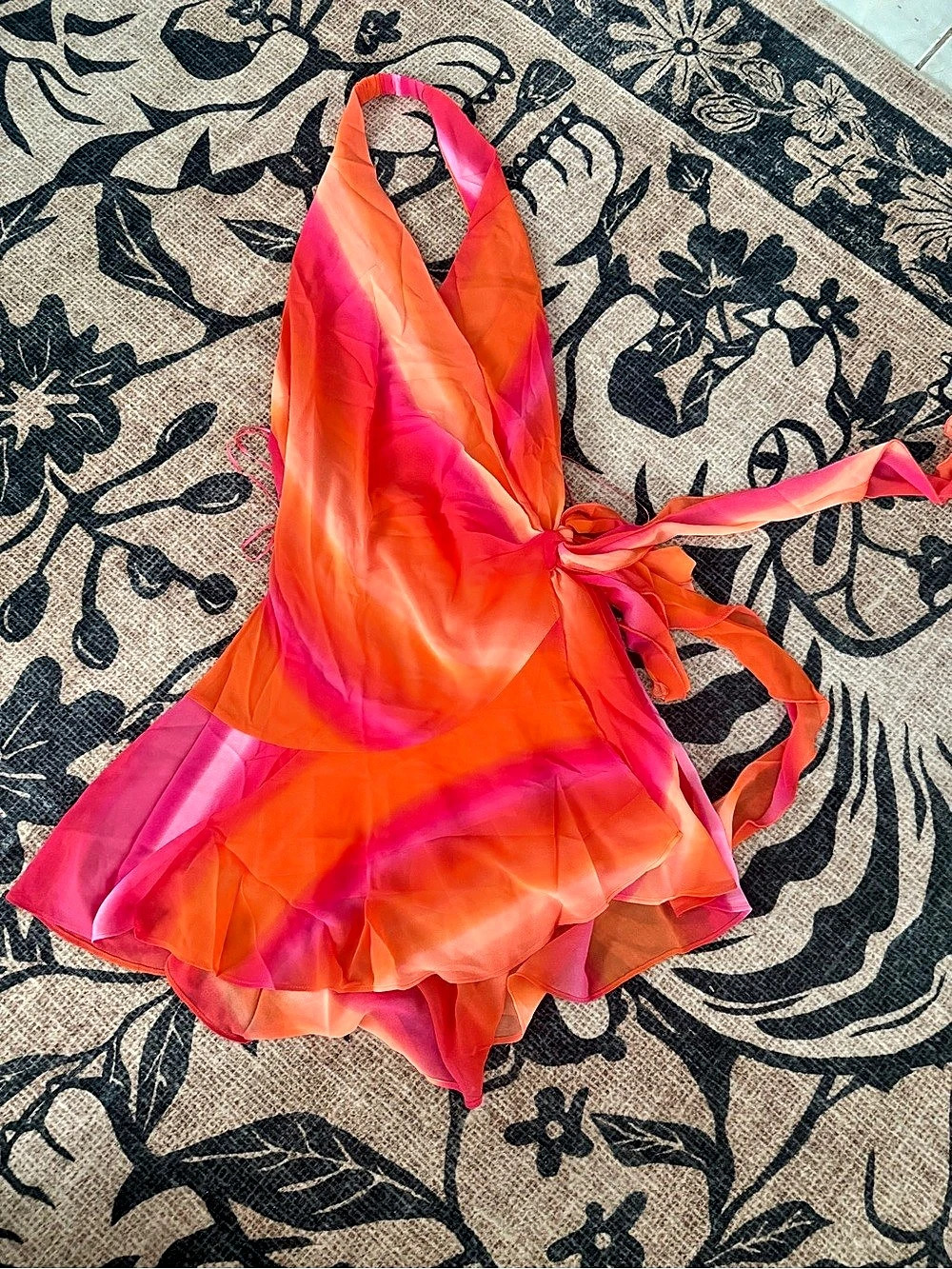 Luxxel Wrap Mini Dress in Pink & Orange Size Medium NWT #y2k